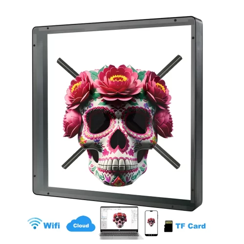 52cm desktop hologram fan with a protective acrylic enclosure displaying a 3D logo