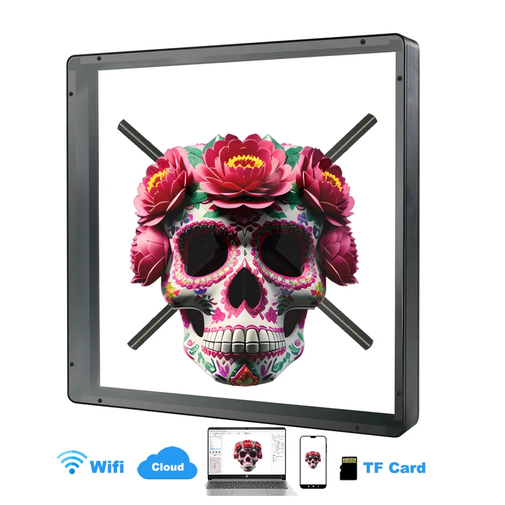 52cm desktop hologram fan with a protective acrylic enclosure displaying a 3D logo