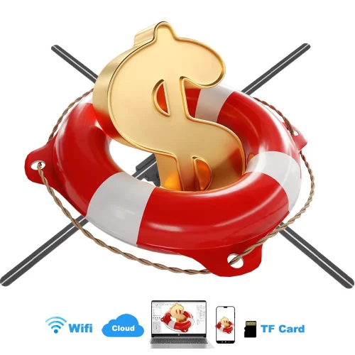 A 65cm (25.6-inch) 3D hologram fan displaying a vibrant, floating brand logo against a black background A 65cm (25.6-inch) 3D hologram fan displaying a vibrant, floating brand logo against a black background