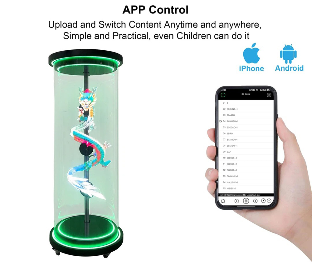 Compact 30cm cylindrical holographic display at corporate reception showing P1 sharp 3D content